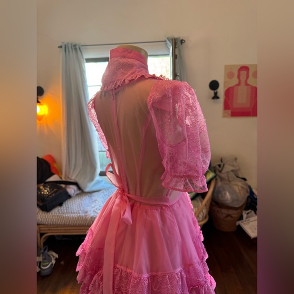 Current Mood Vibrant Pink Lace Layered Semi Sheer Maxi Dress size S NWOT - Picture 10 of 17